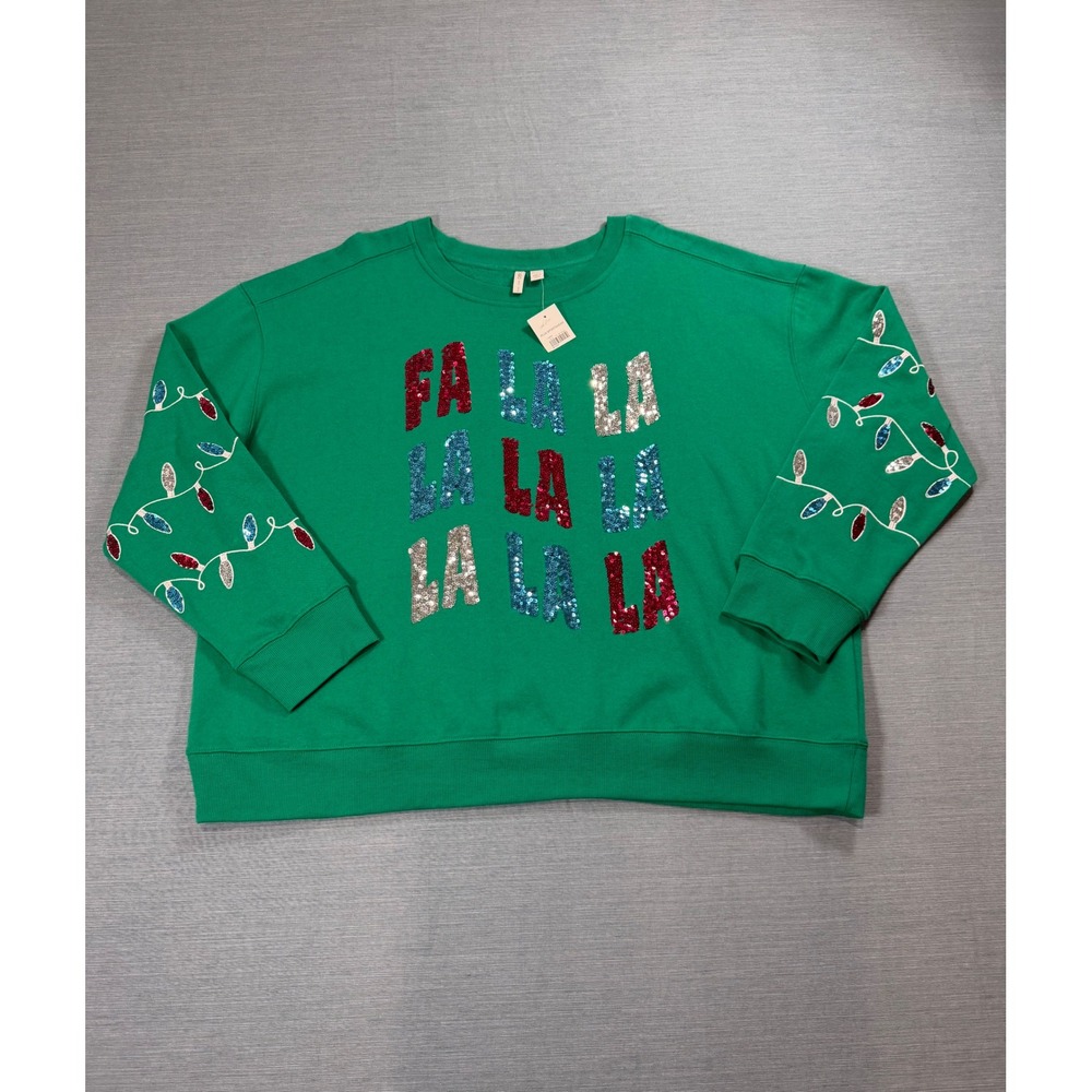 Cato Christmas Sweatshirt Women 22/24W Green NEW Fa La La Sequin Holiday Plus